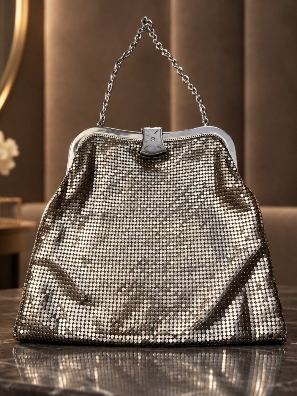 Vintage Whiting and Davis Mesh Bag with Bakelite Rhinestone Clasp